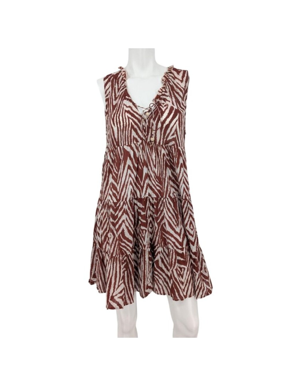 Zebra Print Tiered Mini Dress Brown Coastal Lightweight Resort Oversized Small